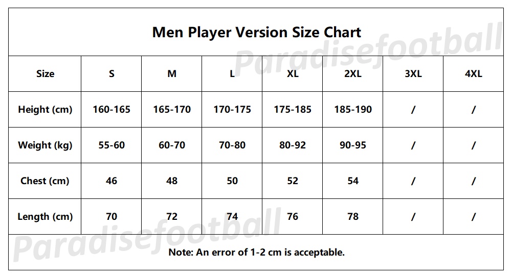 Men Player Version Soccer Jersey Size Chart